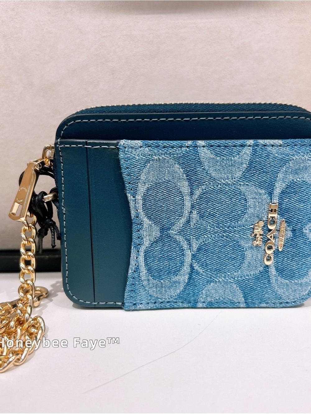 Coach Teal Blue Signature Denim Zip Card Case - Picture 2 of 5